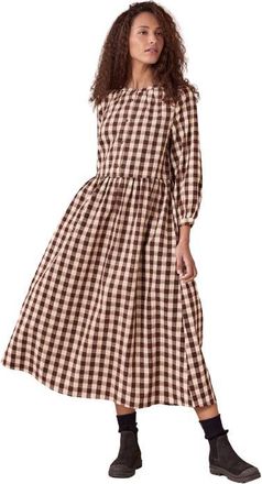 Celtic & Co. Collarless Gingham Midi Dress in Chocolate Gingham at Nordstrom, Size 12