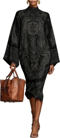 Generic Womens Printed Dress Lantern Sleeve Long Sleeve Loose Fit Maxi Dress Casual Fashion Dress Black XXL