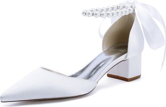 Generic Womens Pointed Toe Wedding Shoes Low Heels Satin Bridal Shoes Chunky Block Heels Comfortable Dance Shoes 4.5Cm,White,10 UK