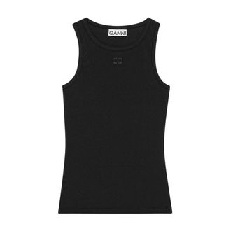 Ganni Sleeveless Tops, female, Black, Size: XL Soft Cotton Rib Tanktop