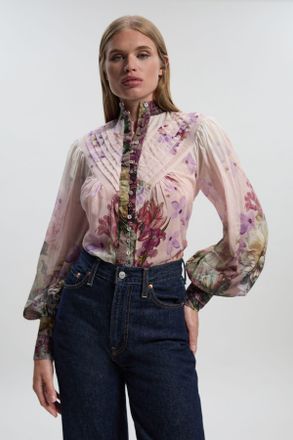 Karen Millen Womens Petite Floral Print Silk Cotton Long Sleeve Woven Blouse - Size 6 UK
