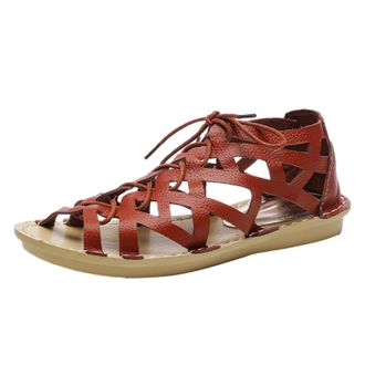 Generic Flat Beach Sandals Sandals Womens Wide Fitting Womens Solid Color Hollow Out Vintage Comfortable Lightweight Leather Summer Ethnic Sandals Tan Strappy