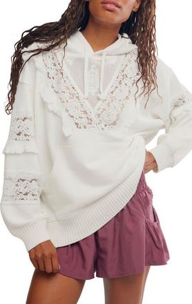 Free People FP Movement Studio Tunic Hooded Lace Trim Sweatshirt in Ivory at Nordstrom, Size Medium