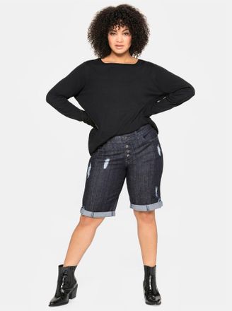 Sheego Rundhalspullover SHEEGO Rundhalspullover, Damen, Gr. 40/42, schwarz, 70% Viskose, 17% Leinen, 13% Polyester, unifarben, Pullover Rundhalspullover