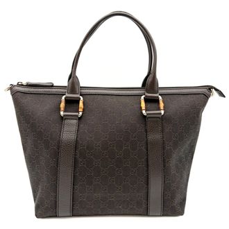 Gucci Dark Brown Canvas Bamboo Leather Tote Bag (Pre-Owned)