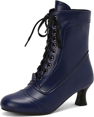 Generic Womens Kitten Heel Vintage Victorian Boots Lace Up Short Boots with Side Zipper Closed Round Toe Dress Shoes,Blue,10.5 UK