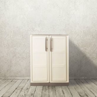 Dmora Mueble Para Exteriores O Interno Multiusos, Armario Bajo Con 2 Puertas Y 1 Estante De Polipropileno, 100% Made In Italy, 70x39h86 Cm, Color Beige, Con