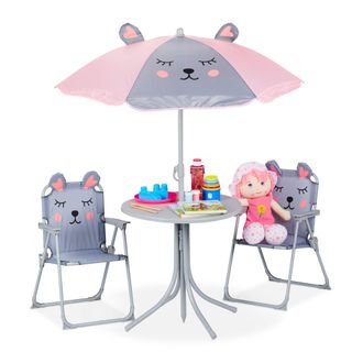 Relaxdays Relaxdays - Mobiliario Infantil Jard&iacute;n, Estampado Rat&oacute;n, Sombrilla De Playa, Sillas Plegables, Mesa Para Ni&ntilde;os, Gris