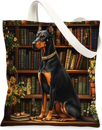 Generic Spring Doberman Dog Canvas Tote Bag for Shopping 13x15, Flower Bookshelf Puppy Reusable Grocery Print Bag for Women, Fun Pet Beach Aesthetic Painting 