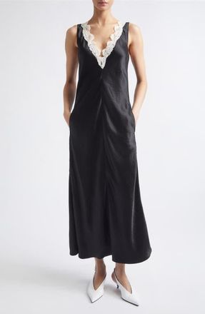 Maria McManus Lace V-Neck Satin Maxi Dress in Black at Nordstrom, Size 10