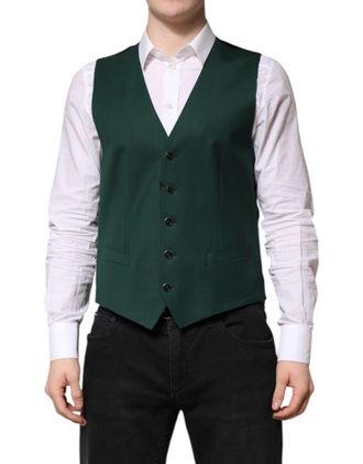 Dolce & Gabbana Green Wool Dress Formal Men Waistcoat Mens Vest