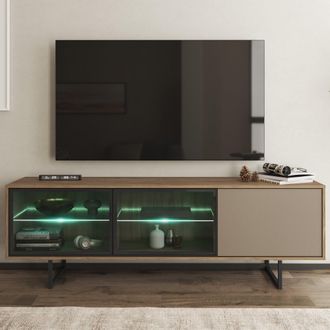 Dmora Mobile Porta Tv Travesio, 3 Ripiani, 3 Ante, Anta E Ripiani Dettaglio Vetro, Con Luci Led, 185x40x60h Cm Marrone Noce