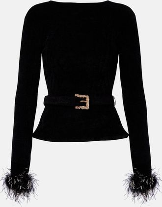 Self Portrait Belted feather-trimmed knitted sweater