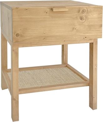 NATYAL Mesita de noche de madera en tonos claros con cajón y balda de rafia