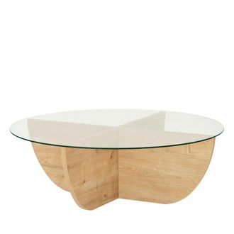 DRAWER Mesa de centro redonda de vidrio templado madera &oslash;90cm - Madera clara