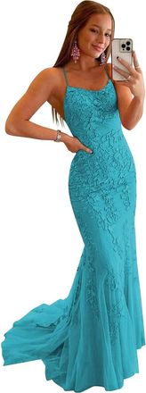 Generic Lace Applique Mermaid Prom Gowns for Women Spaghetti Strap Tulle Evening Gown with Backless Party Dress Aqua