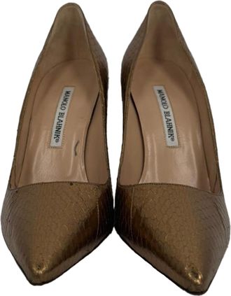 Manolo Blahnik BB Pump Pointed Toe Pumps in Bronze Snakeskin Leather