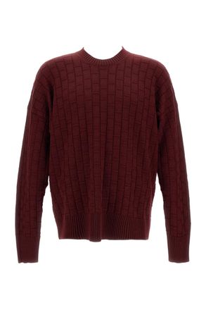 Plan C Checked Burgundy Wool Sweater With Ribbed Crew Neck