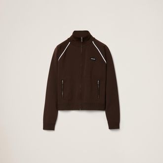 Miu Miu Technical Yarn Zipper Cardigan, Woman, Dark Brown/white, Size 38