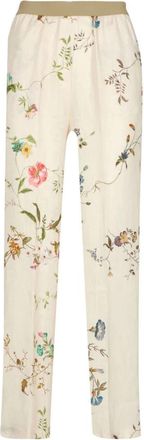 Semicouture Bloemen Linnen Broek met Elastische Taille - Dames - Straight fit broeken - Beige - XL - Linnen - Broeken