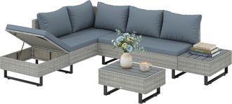 OUTSUNNY Conjunto Jard&iacute;n De Rat&aacute;n De 3 Piezas, Respaldo Ajustable, Muebles Jard&iacute;n Exterior Con Cojines, Sof&aacute; De 3 Plazas, Sof&aacute; De 2 Plazas, Mesa, Gris