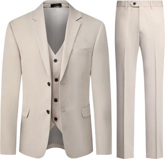 AlltheMen Mens 3 Piece Stretch Business Suits 2 Button Classic Suit Blazer Waistcoat Trousers Beige 3XL