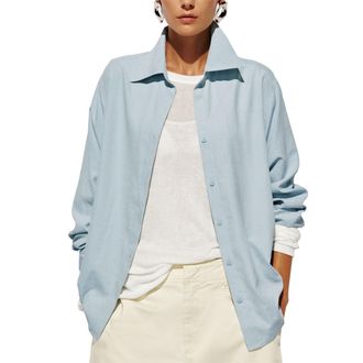 Urban Revivo Womens Loose Fit Solid Color Shirt, Oversized Blouse with Soft Fabric, Blue, L