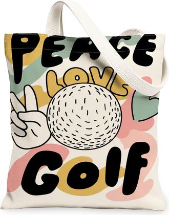 Generic Peace Love Golf Canvas Tote Bags, Artistic Abstract Pattern Reusable Grocery Bags, Summer Lightweight Washable Shoulder Str, Multicolor, 13x15 Inch