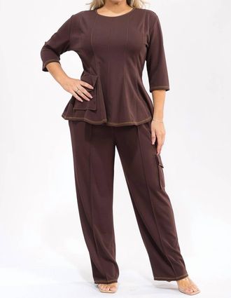 Karen Kane Peplum Top And Straight Cargo Pants Set In Brown