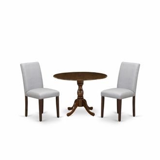 East West Furniture DMAB3-AWA-05 3 Piece Kitchen Table Set Includes 1 Drop Leaves Wood Table and 2 Grey Linen Fabric Parson Dining Room Chairs with High Back - Acacia Wal