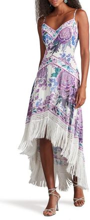 Tadashi Shoji Scarf Print Fringe Detail High-Low Cocktail Dress in White/Purple Floral at Nordstrom, Size 12