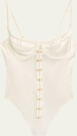 Kiki De Montparnasse Temptress Silk Charmeuse & Tulle Thong Bodysuit