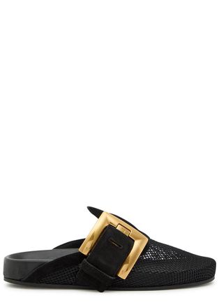 Balmain Oversized Buckle Suede Mules - Black - 40 (IT40 / UK7)