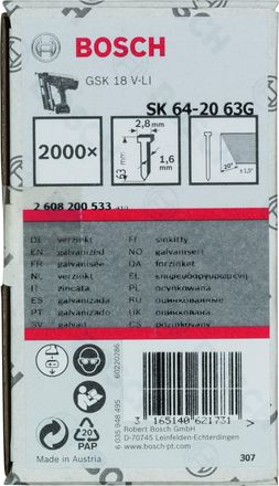 Bosch Clavo Galvanizado Sk64-20:63mm: 2.000uds Bosch 2608200533