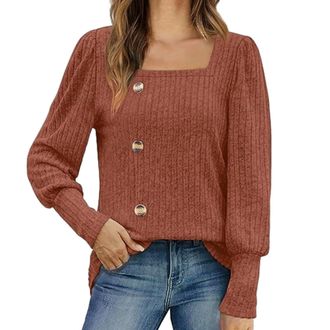 Generic Womens Long Sleeve Tops Ladies Lightweight Jumper Square Neck Front Button Tunic Brown