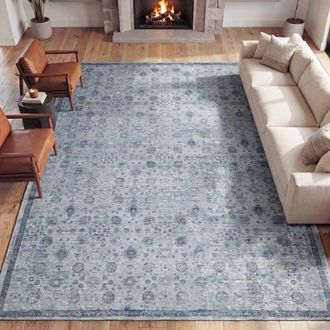 Jonathan Y Designs Petunia Distressed All-Over Floral Border Non-Slip Machine-Washable Rug in Blue/light Gray at Nordstrom, Size 3Ft 0In X 5Ft 0In