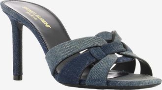 Saint Laurent Pantoletten aus ausgewaschenem Denim mit Absatz Tribute 85