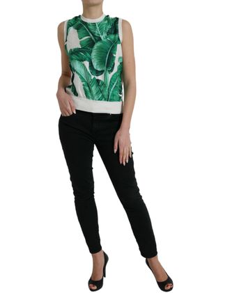 Dolce & Gabbana Womens White Banana Leaf Print Crew Neck Tank Top Silk