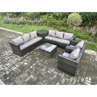 Fimous Fimous 8 Seater Rattan Garden Furniture Set Patio Outdoor Lounge Sofa Set with 2 Armchairs Side Table Square Coffee Table Dark Grey Mixed
