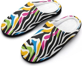 Generic Colorful Zebra Pattern Mens Slippers Memory Foam Winter Warm Sandals Slip On House Shoes Size 7-14