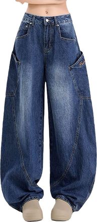 Generic Low Rise Baggy Jeans for Women UK - Womens Wide Leg Jeans Boyfriend Loose Denim Trousers Oversized Vintage Fashion Multi-Pocket Casual Comfy Ladies Ca