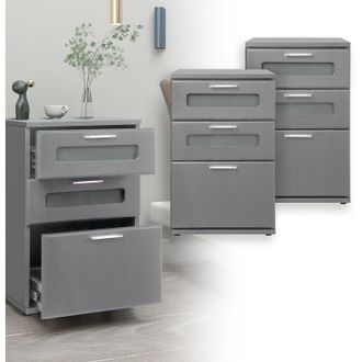 ML Design Ml-design 2x Mesitas De Noche Con 3x Cajones 40 X 60 X 38 Cm Gris Mesa Auxiliar Con Inserto De Vidrio C&oacute;moda Lisa De Madera Mueble Cajonera Consola Es