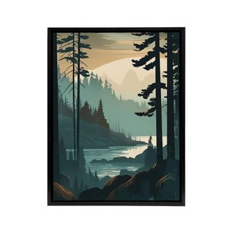 Artery8 Great Bear Rainforest Misty Sunrise Framed Canvas Wall Art Print in Blue | Size: W24 x H32