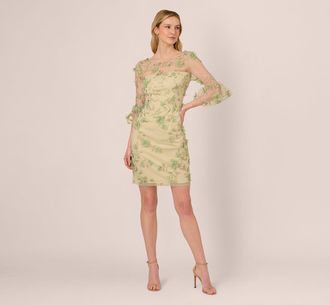 Adrianna Papell Bell Sleeve Floral Embroidered Illusion Sheath Dress In Sage Multi