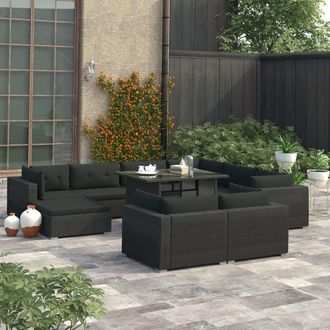 vidaXL Set Muebles De Jard&iacute;n 10 Piezas Y Cojines Rat&aacute;n Sint&eacute;tico Negro Vidaxl
