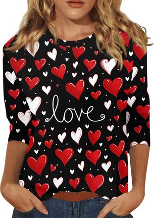 Generic Womens Valentines Shirts, 3/4 Sleeve Crew Neck T-Shirts Valentinas Day Spring Summer Shirt Love Heart Graphic Tee Tops,Red,XL