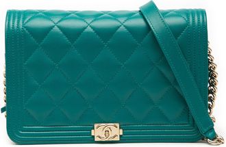 Chanel Pre-owned Womens Quilted Lambskin Boy Wallet On Chain - Teal Leather - One Size