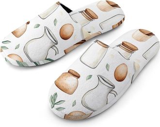Generic Breakfast Eggs Milk Toast Mens Slippers Flannel Warm House Shoes with Rubber Anti-Slip Sole Slip On for Home Outdoor