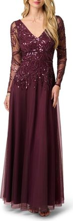 Adrianna Papell Sequin Leaf Long Sleeve A-Line Gown in Night Plum at Nordstrom, Size 16