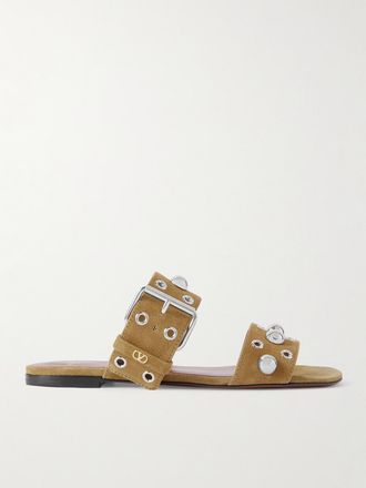 Valentino Garavani Slide In Camoscio Con Perline Nellcôte - Marrone